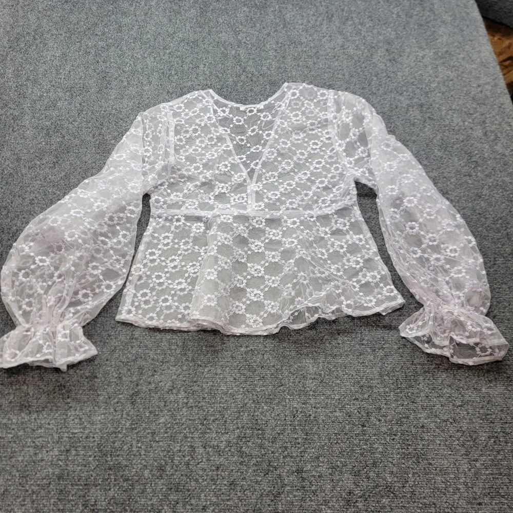 Zara Lavender Floral Lace Sheer V-Neck Peplum Blouse Balloon Sleeve Small